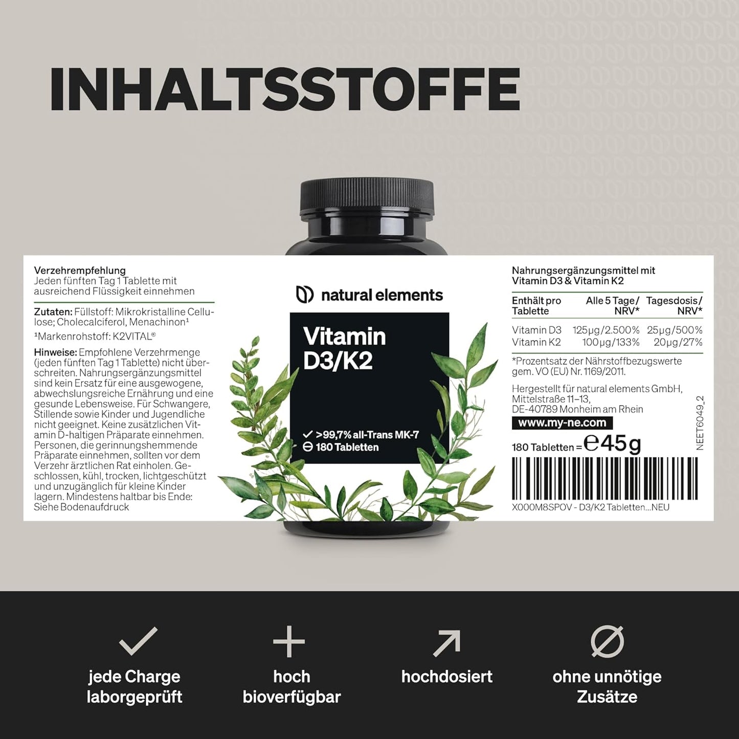 Natural Elements Vitamin D3 + K2 Depot – 180 Tabletten – Premium-Qualität: K2VITAL® Von Kappa – 99,7+% All-Trans K2-MK7 + 5000 IE Vitamin D3 – Hochdosiert, Ohne Zusätze – Laborgeprüfte Qualität