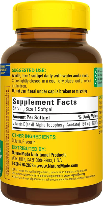 Vitamin E 180 Mg (400 IU) Dl-Alpha, Dietary Supplement for Antioxidant and Skin Support, 180 Softgels, 180 Day Supply
