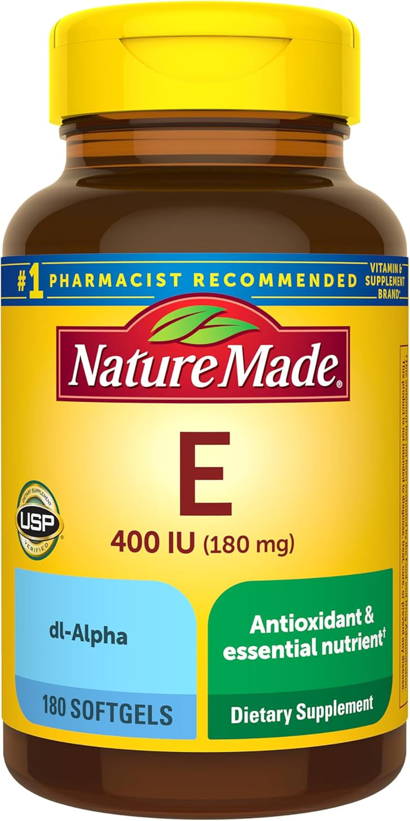Vitamin E 180 Mg (400 IU) Dl-Alpha, Dietary Supplement for Antioxidant and Skin Support, 180 Softgels, 180 Day Supply