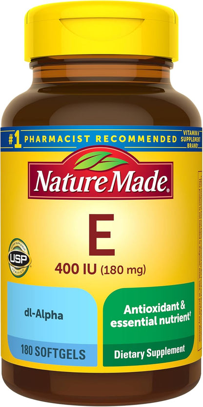 Vitamin E 180 Mg (400 IU) Dl-Alpha, Dietary Supplement for Antioxidant and Skin Support, 180 Softgels, 180 Day Supply