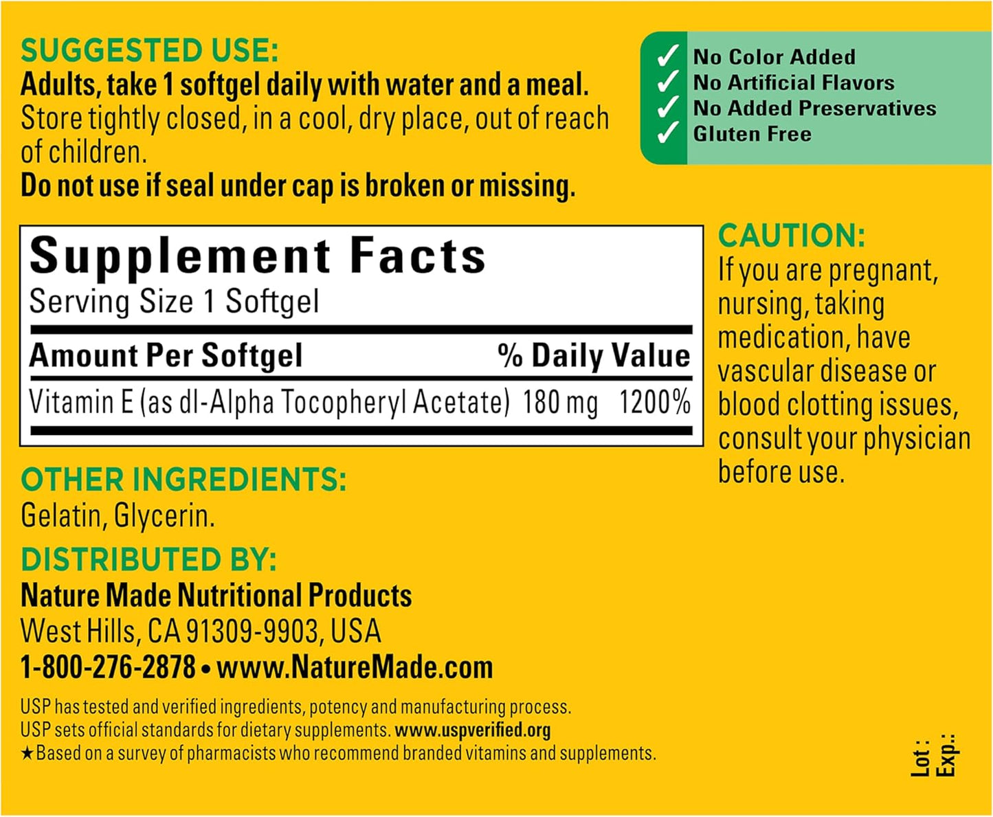 Vitamin E 180 Mg (400 IU) Dl-Alpha, Dietary Supplement for Antioxidant and Skin Support, 180 Softgels, 180 Day Supply