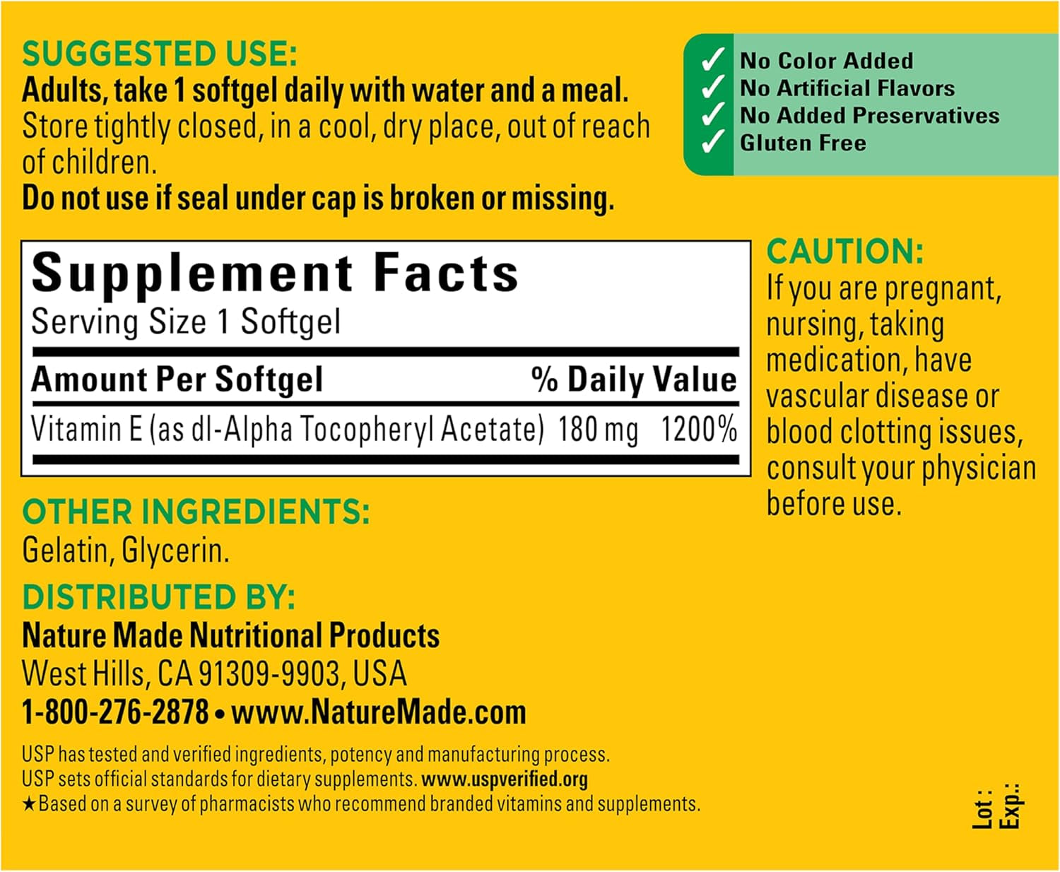 Vitamin E 180 Mg (400 IU) Dl-Alpha, Dietary Supplement for Antioxidant and Skin Support, 180 Softgels, 180 Day Supply