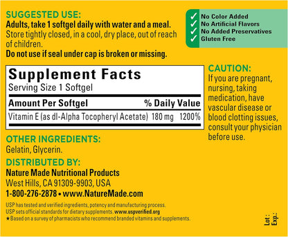 Vitamin E 180 Mg (400 IU) Dl-Alpha, Dietary Supplement for Antioxidant and Skin Support, 180 Softgels, 180 Day Supply