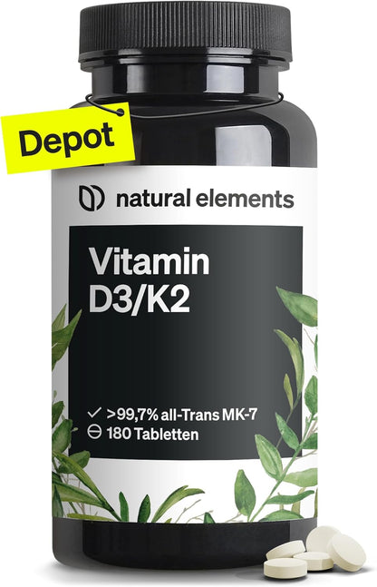 Natural Elements Vitamin D3 + K2 Depot – 180 Tabletten – Premium-Qualität: K2VITAL® Von Kappa – 99,7+% All-Trans K2-MK7 + 5000 IE Vitamin D3 – Hochdosiert, Ohne Zusätze – Laborgeprüfte Qualität