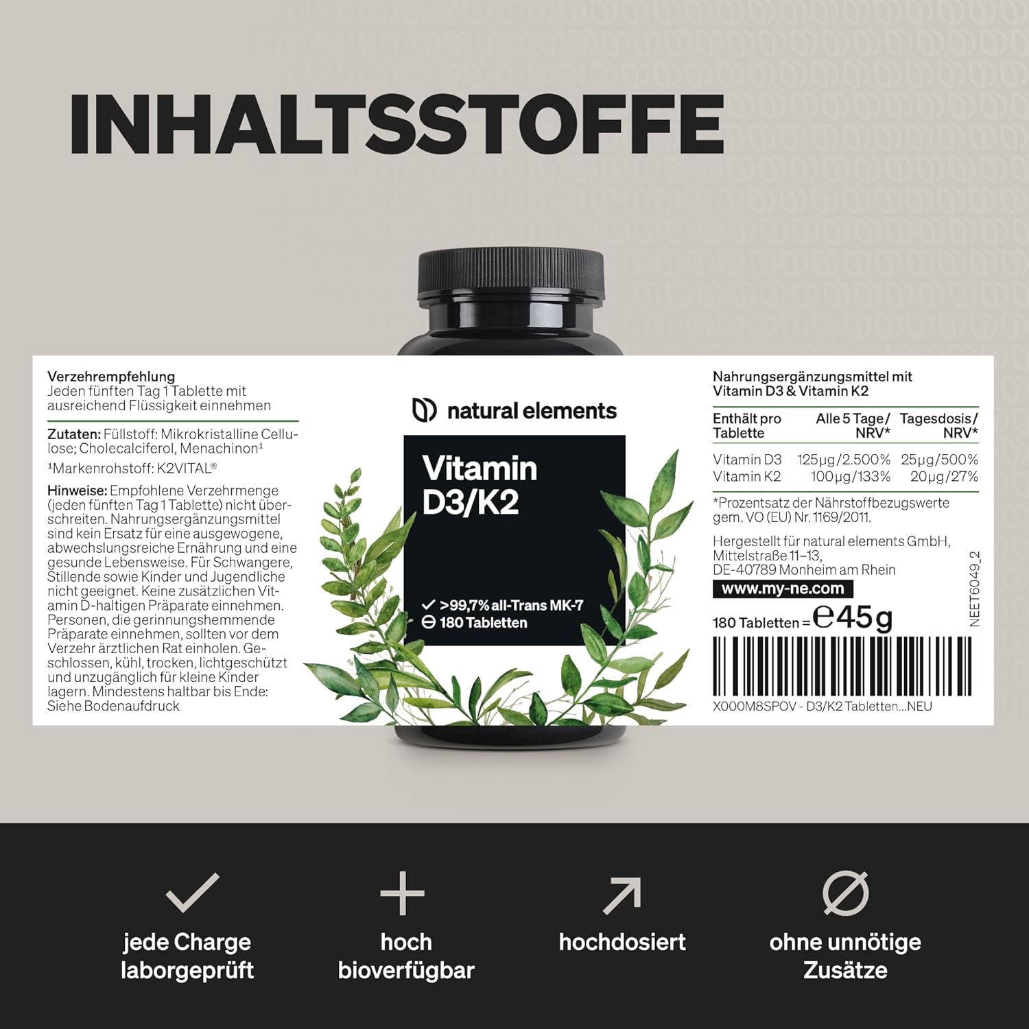 Natural Elements Vitamin D3 + K2 Depot – 180 Tabletten – Premium-Qualität: K2VITAL® Von Kappa – 99,7+% All-Trans K2-MK7 + 5000 IE Vitamin D3 – Hochdosiert, Ohne Zusätze – Laborgeprüfte Qualität