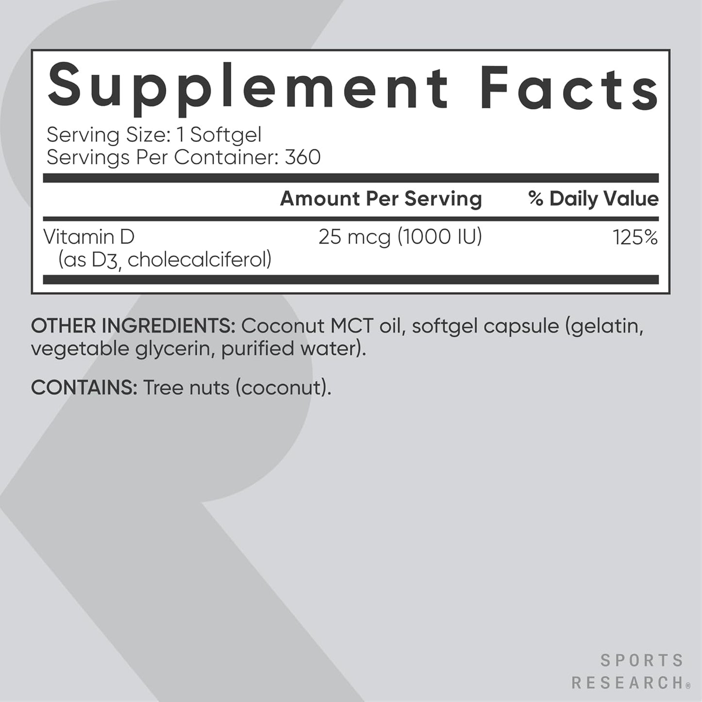 ® Vitamin D3 1000 IU with Coconut Gluten Free · Non-Gmo · Soy Free - 360 Count Softgels