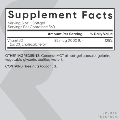 ® Vitamin D3 1000 IU with Coconut Gluten Free · Non-Gmo · Soy Free - 360 Count Softgels